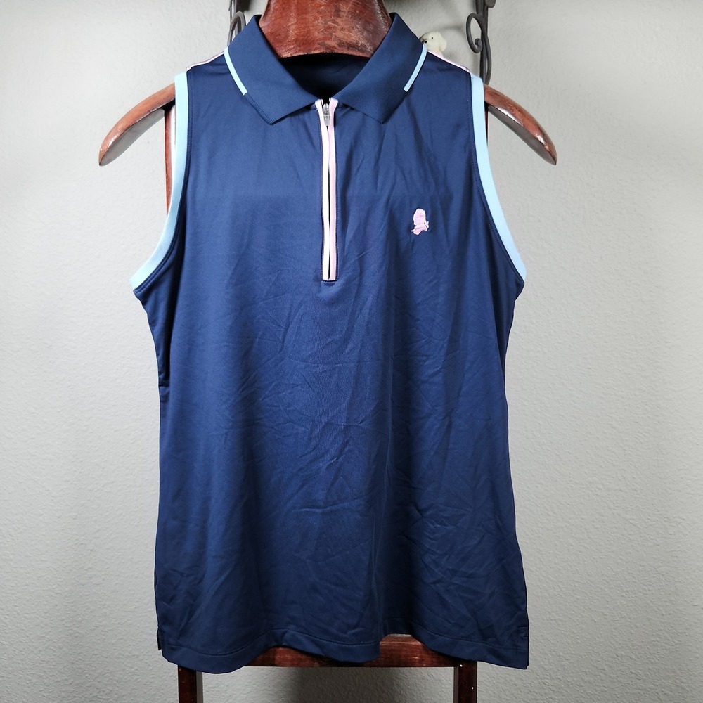 Peter Millar Golf/Tennis Polo Sleeveless Zip Neck Pink Trim Embroidered Logo Med